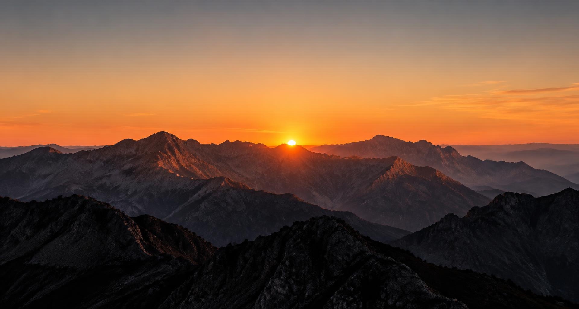 Sunrise over layered mountain peaks